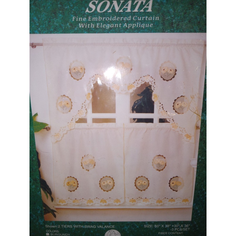 VTG 70s Sonata Floral Classic Window Curtains 60" X 38" Polyester 2 Tiers & Swag - Picture 2 of 4